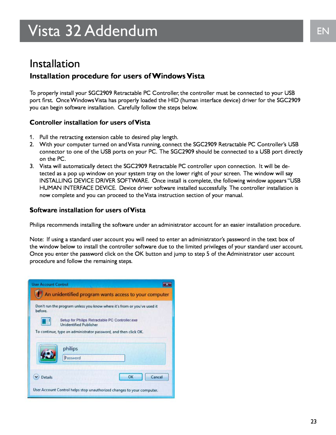 Philips SGC2909 user manual Vista 32 Addendum, Installation procedure for users of Windows Vista, En En 