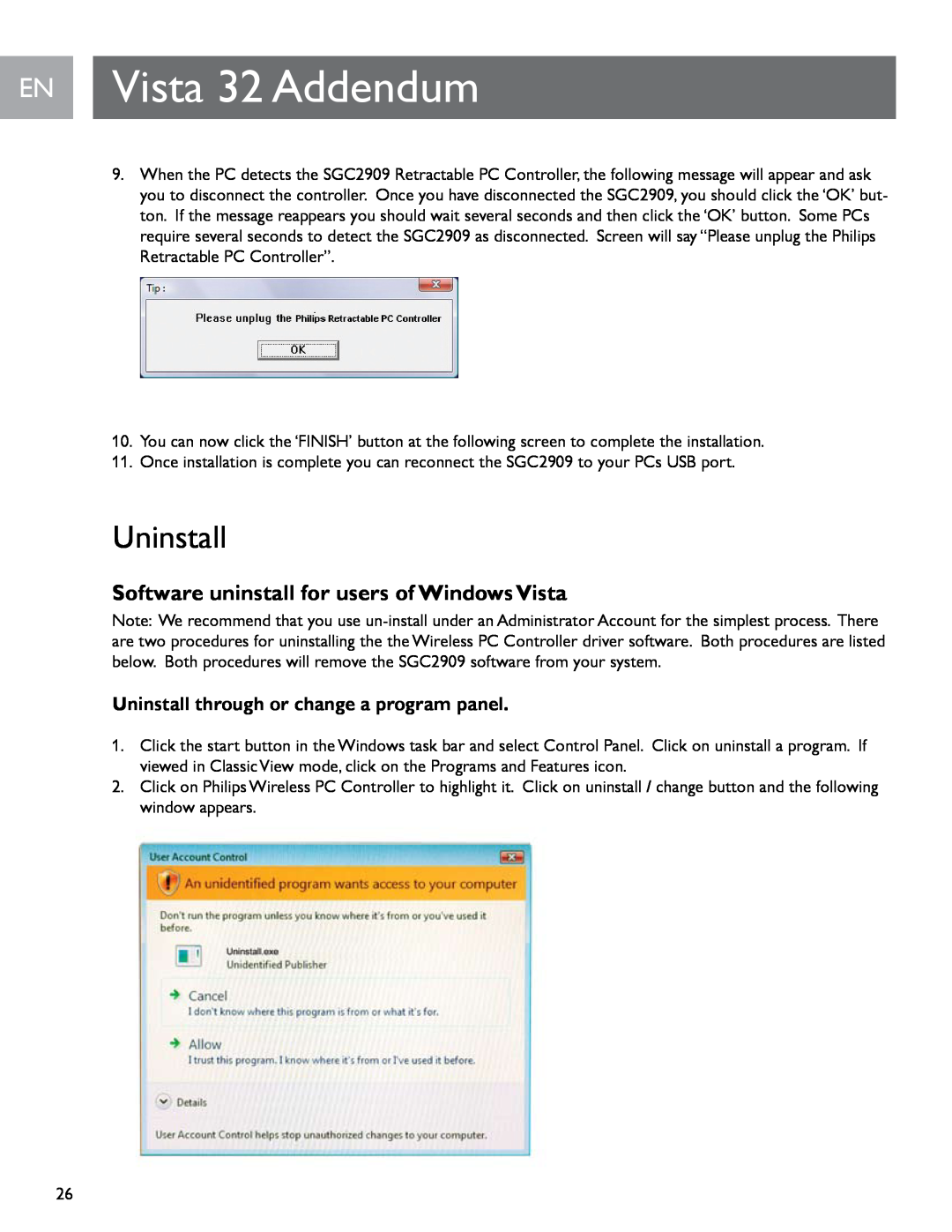 Philips SGC2909 user manual Software uninstall for users of Windows Vista, Uninstall through or change a program panel 