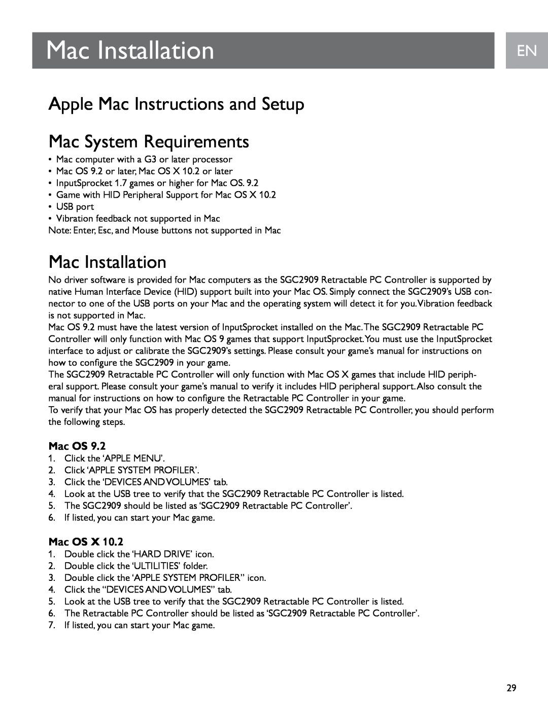 Philips SGC2909 user manual Mac Installation, Apple Mac Instructions and Setup, Mac System Requirements, Mac OS, En En 