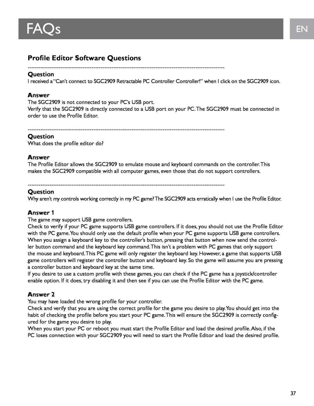 Philips SGC2909 user manual Profile Editor Software Questions, FAQs, En En, Answer 