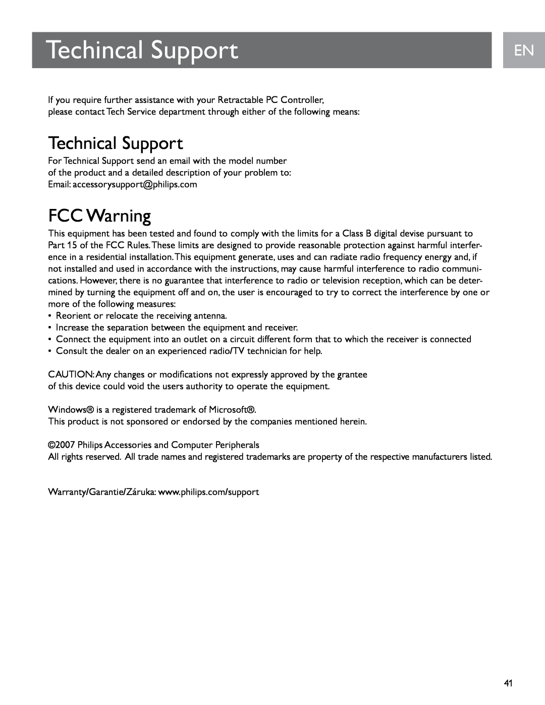 Philips SGC2909 user manual Techincal Support, Technical Support, FCC Warning, En En 