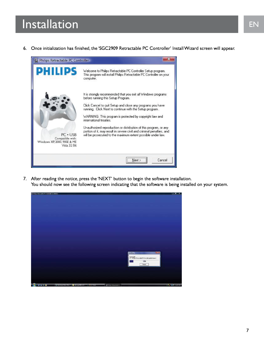 Philips SGC2909 Installation, En En, After reading the notice, press the ‘NEXT’ button to begin the software installation 