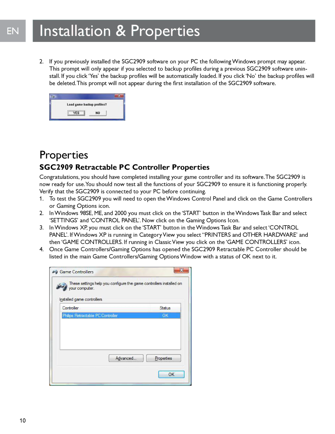 Philips user manual EN Installation & Properties, SGC2909 Retractable PC Controller Properties 