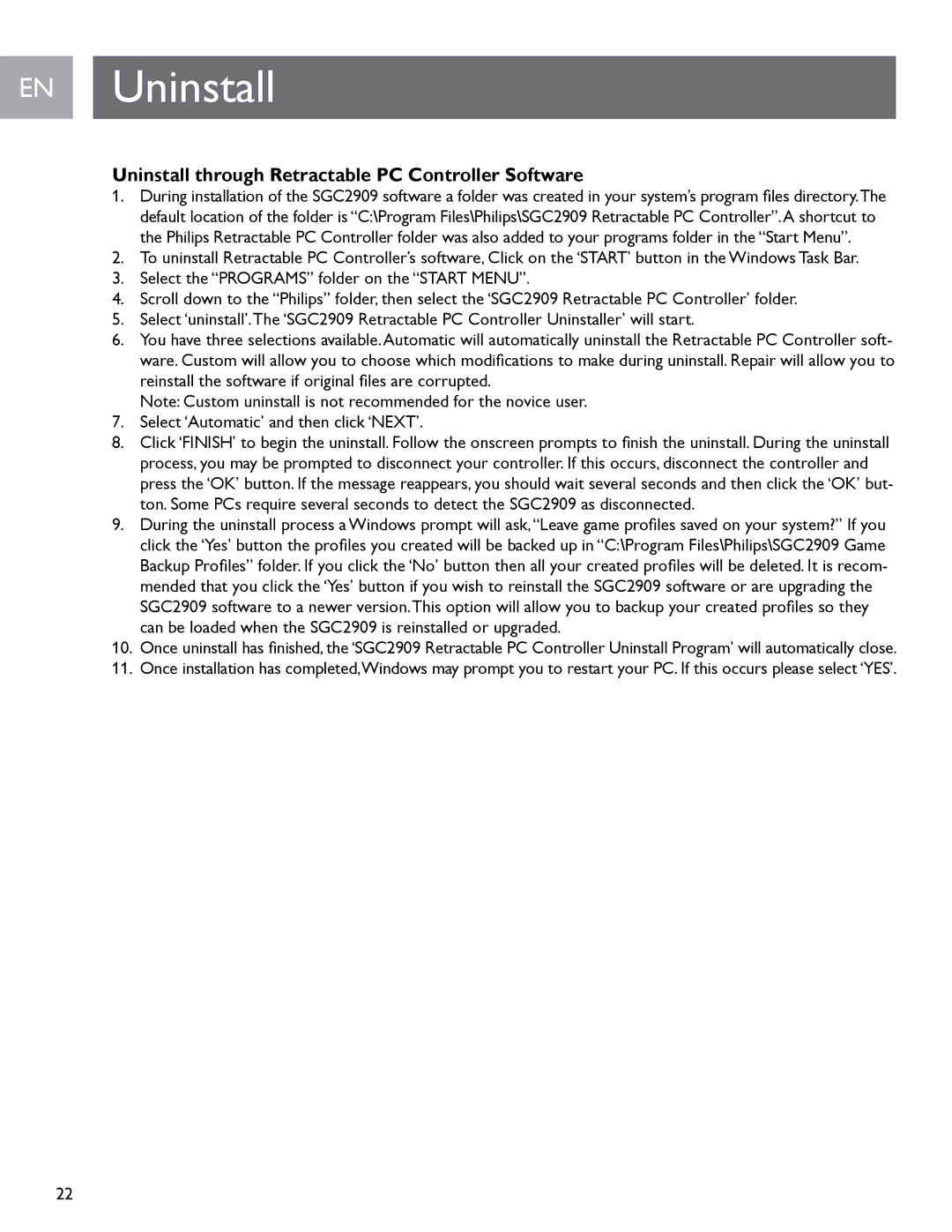 Philips SGC2909 user manual EN Uninstall, Uninstall through Retractable PC Controller Software 