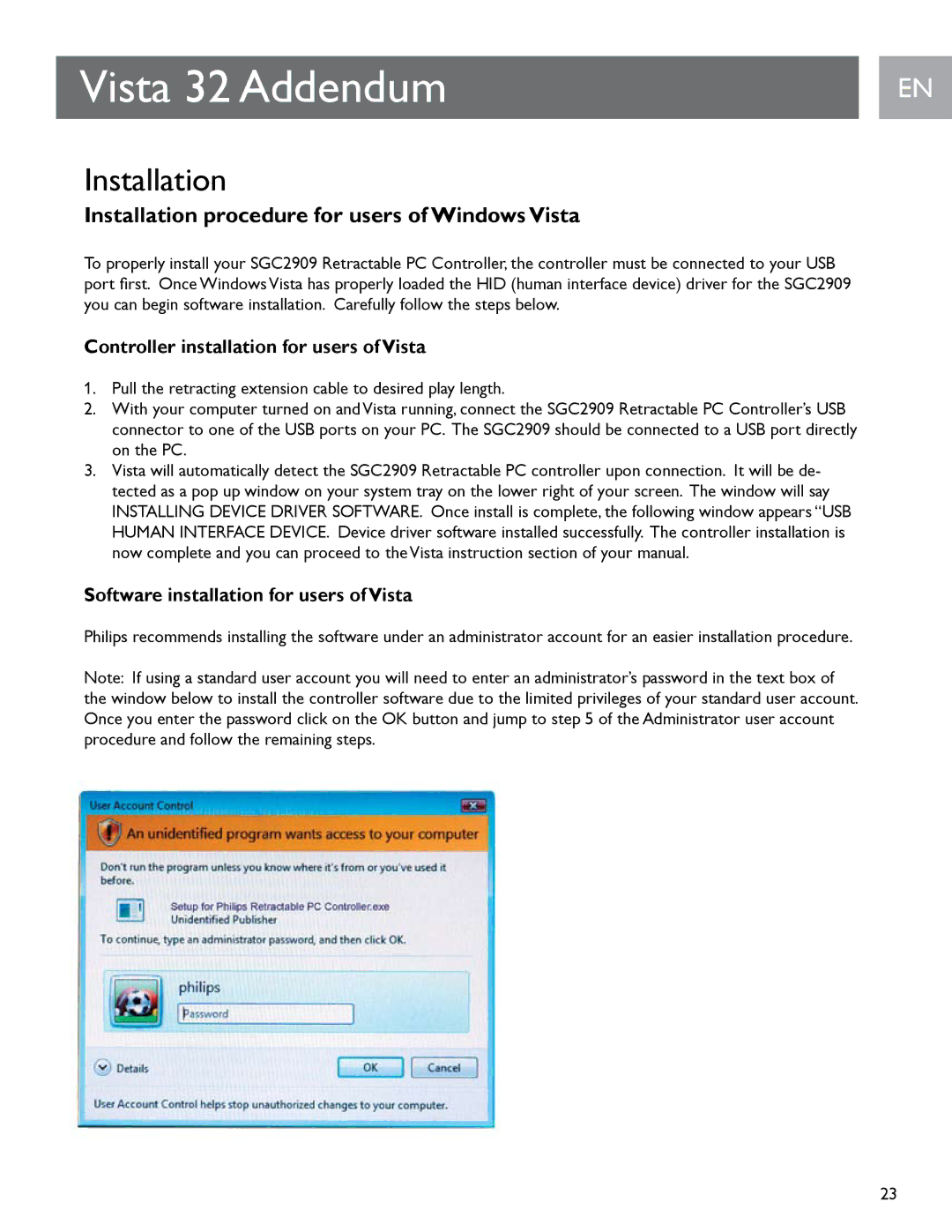 Philips SGC2909 user manual Vista 32 Addendum, Installation procedure for users of Windows Vista 