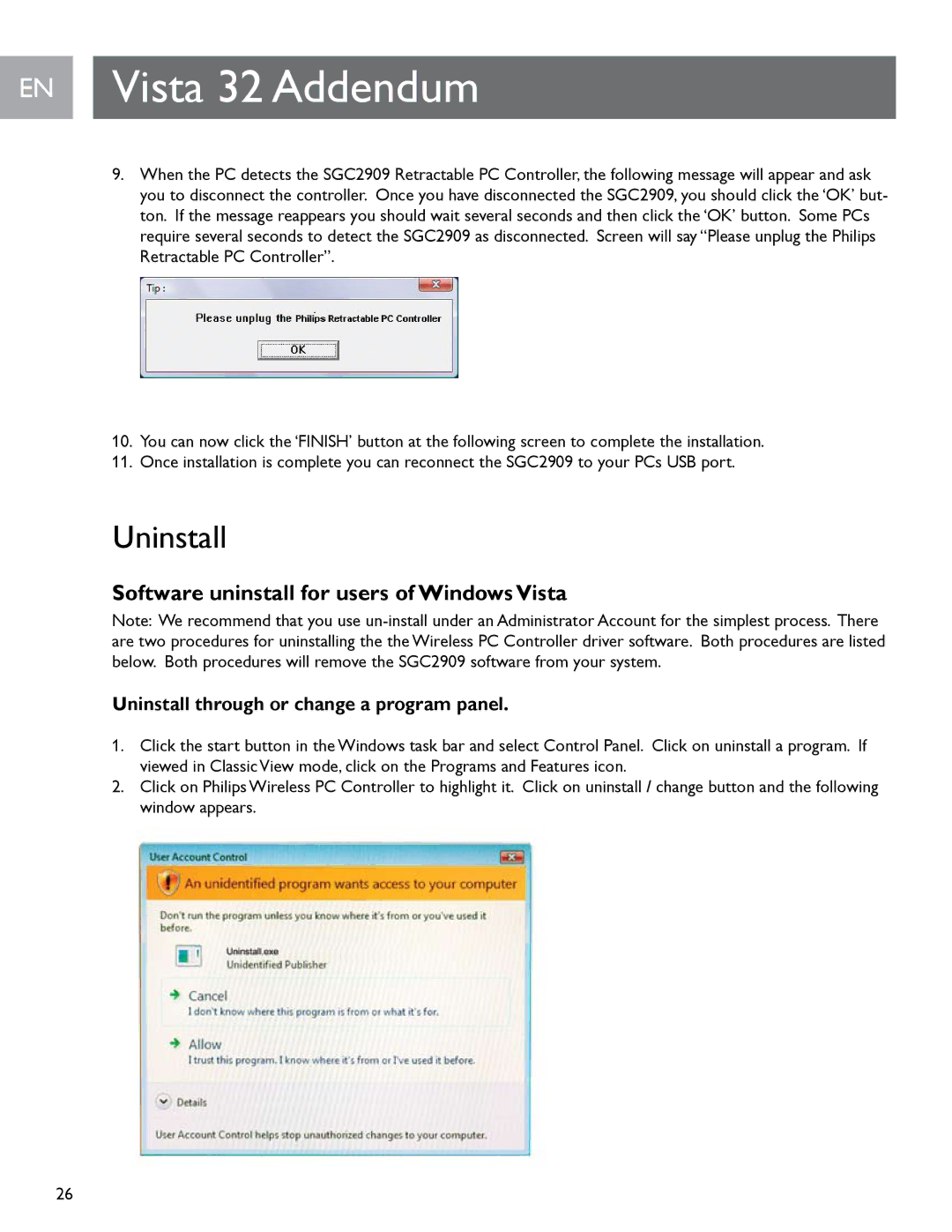 Philips SGC2909 user manual Software uninstall for users of Windows Vista, Uninstall through or change a program panel 