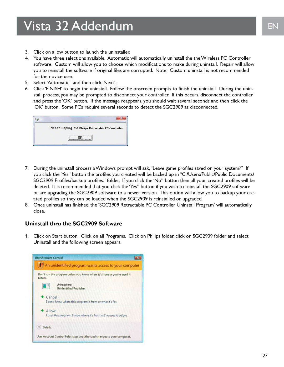 Philips user manual Uninstall thru the SGC2909 Software 