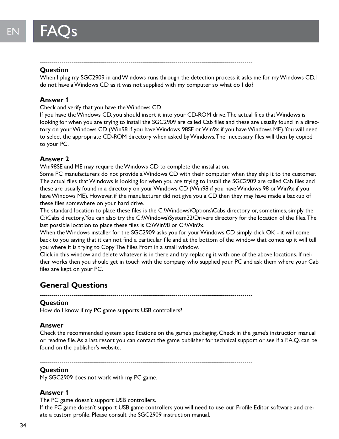 Philips SGC2909 user manual General Questions, Answer Question 