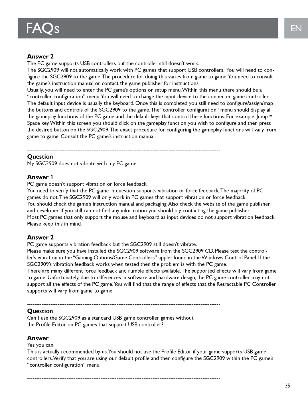 Philips user manual My SGC2909 does not vibrate with my PC game 