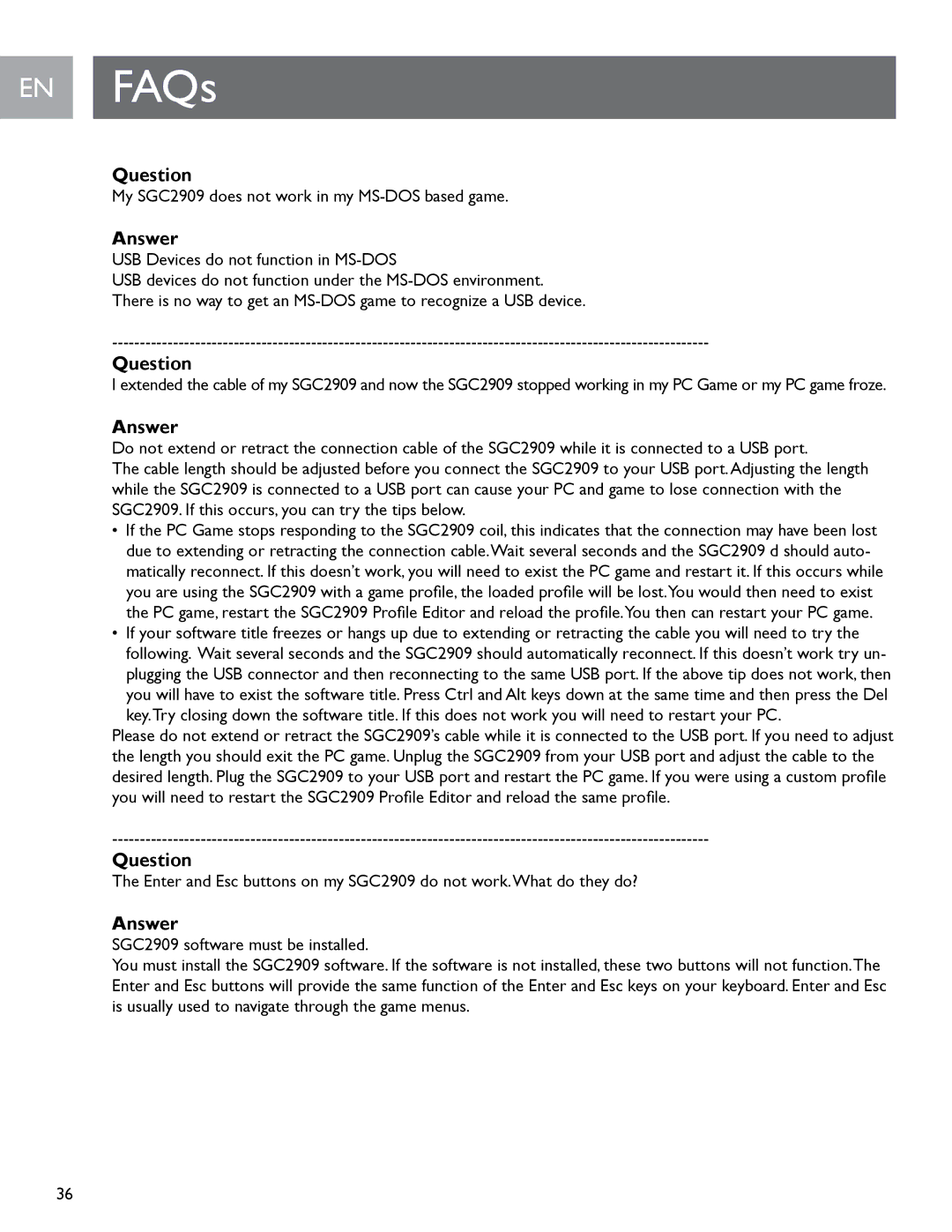 Philips user manual My SGC2909 does not work in my MS-DOS based game 