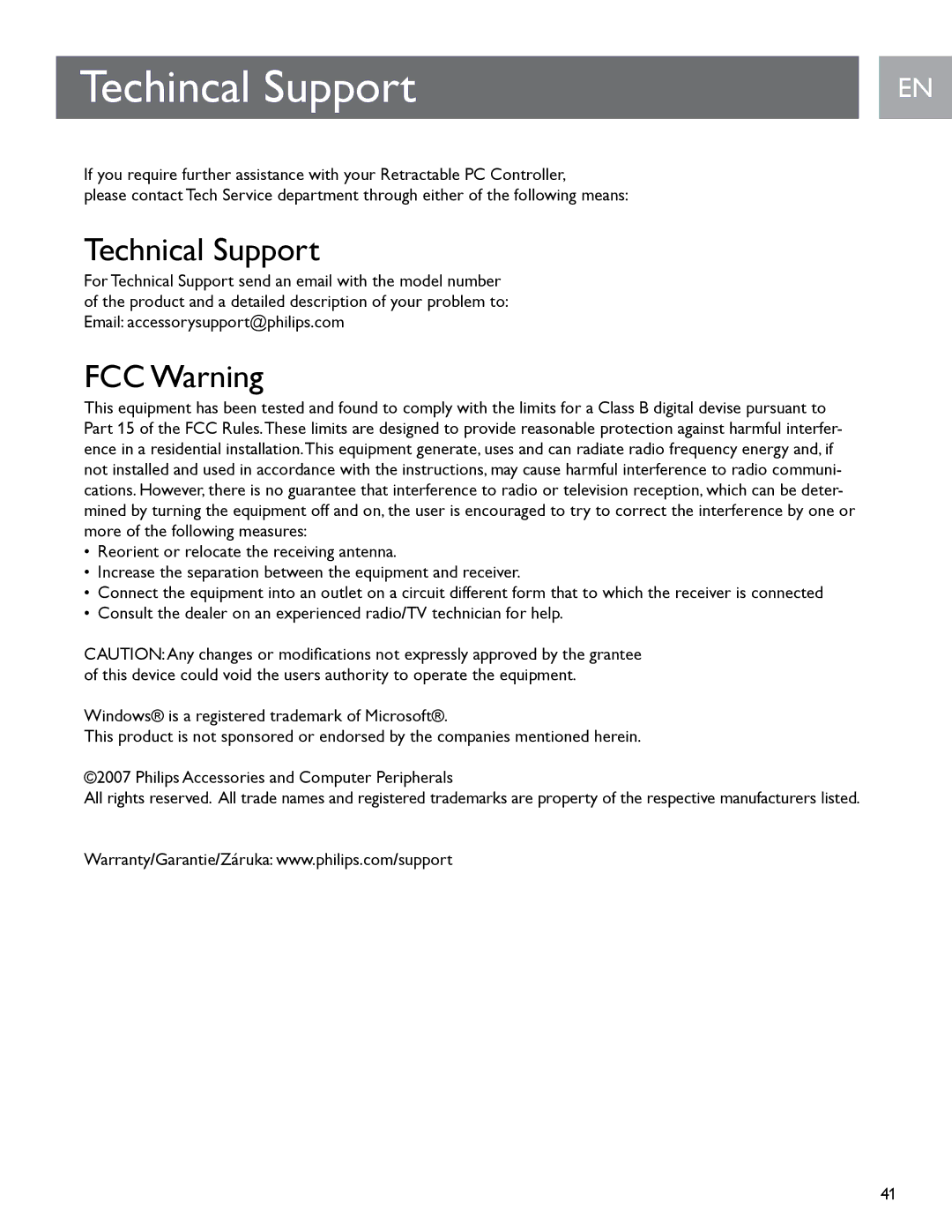 Philips SGC2909 user manual Techincal Support, Technical Support, FCC Warning 