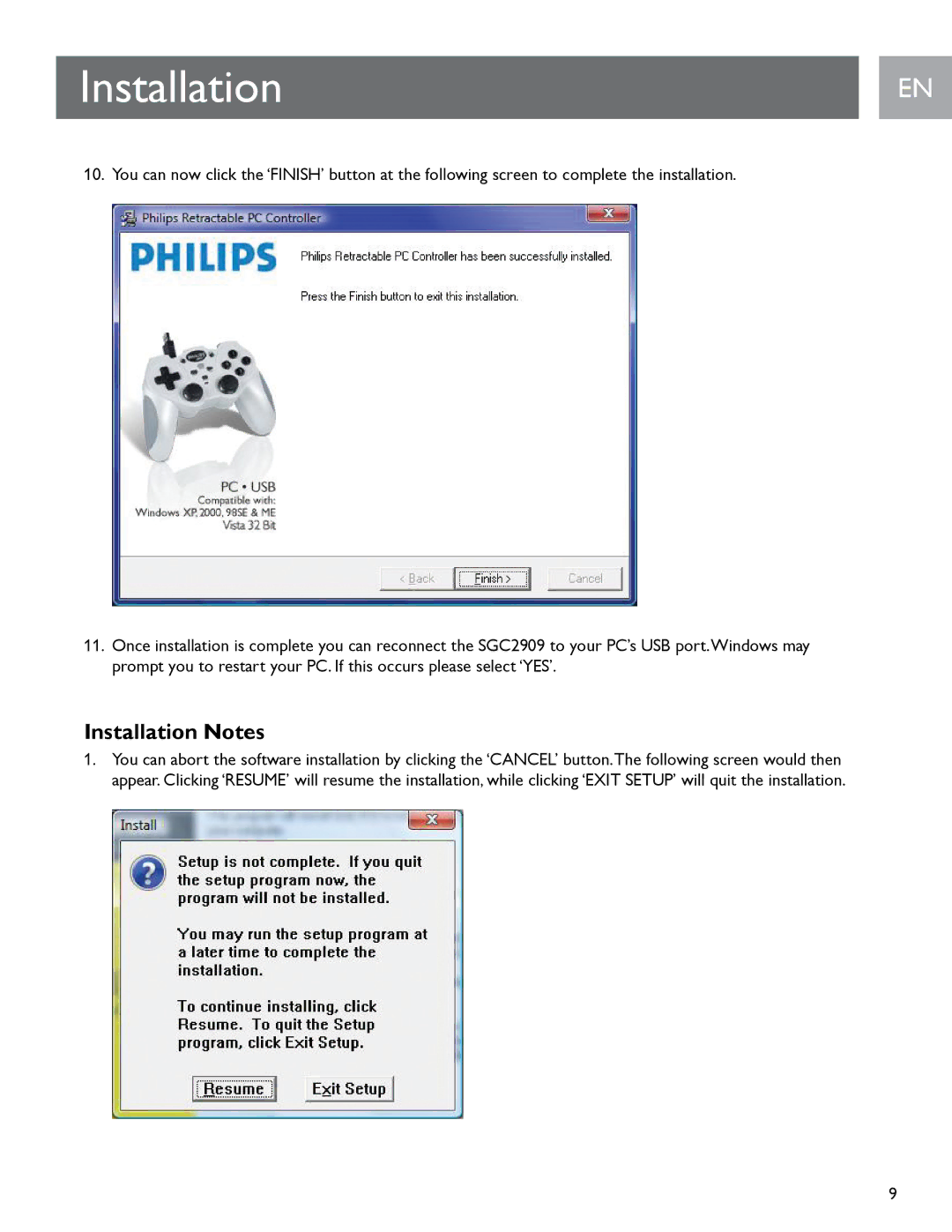 Philips SGC2909 user manual Installation Notes 