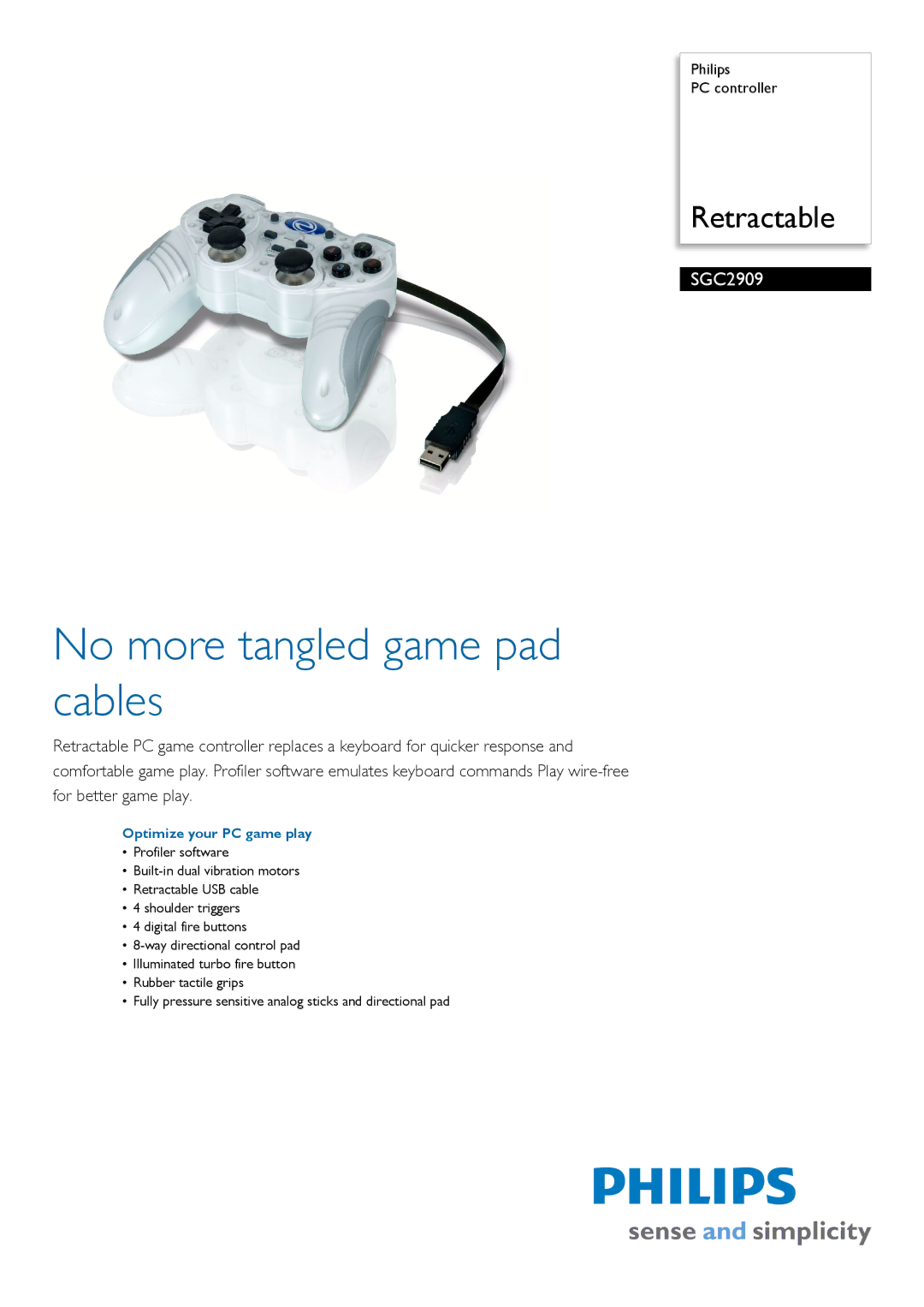 Philips SGC2909/27 manual No more tangled game pad cables, Optimize your PC game play 