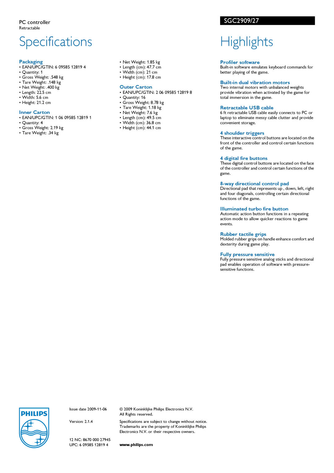 Philips SGC2909/27 manual Specifications, Highlights 