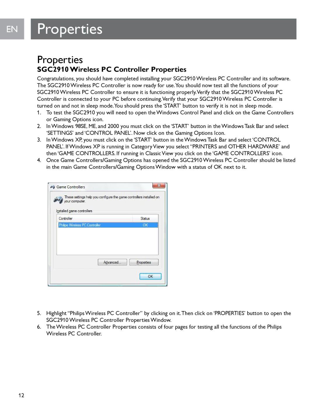 Philips user manual EN Properties, SGC2910 Wireless PC Controller Properties 