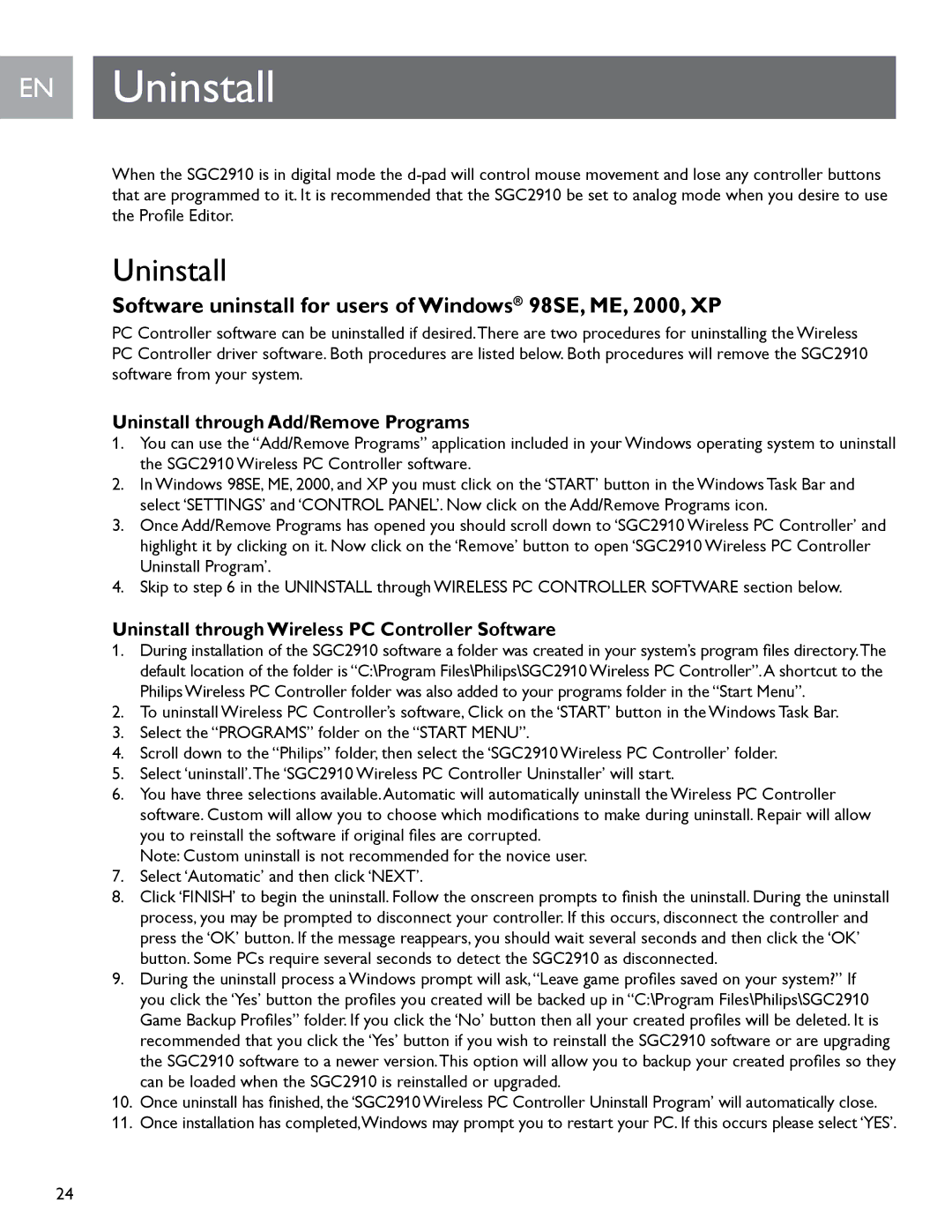 Philips SGC2910 user manual EN Uninstall, Software uninstall for users of Windows 98SE, ME, 2000, XP 