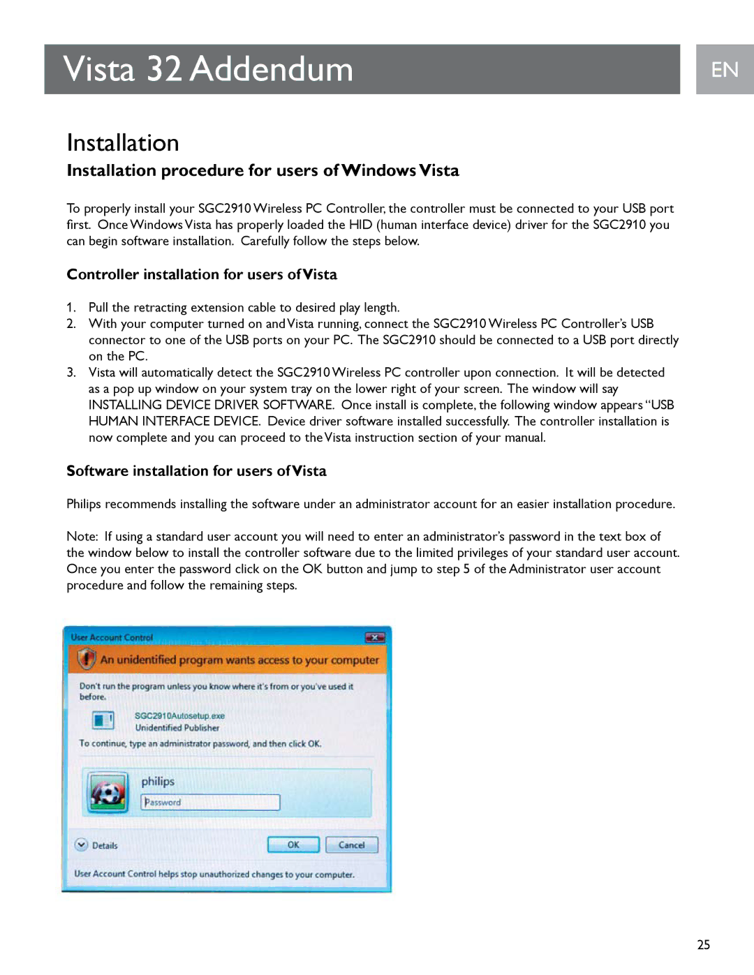 Philips SGC2910 user manual Vista 32 Addendum, Installation procedure for users of Windows Vista 