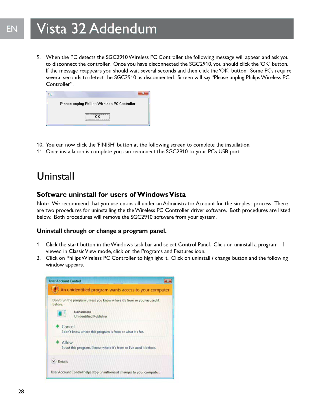 Philips SGC2910 user manual Software uninstall for users of Windows Vista, Uninstall through or change a program panel 