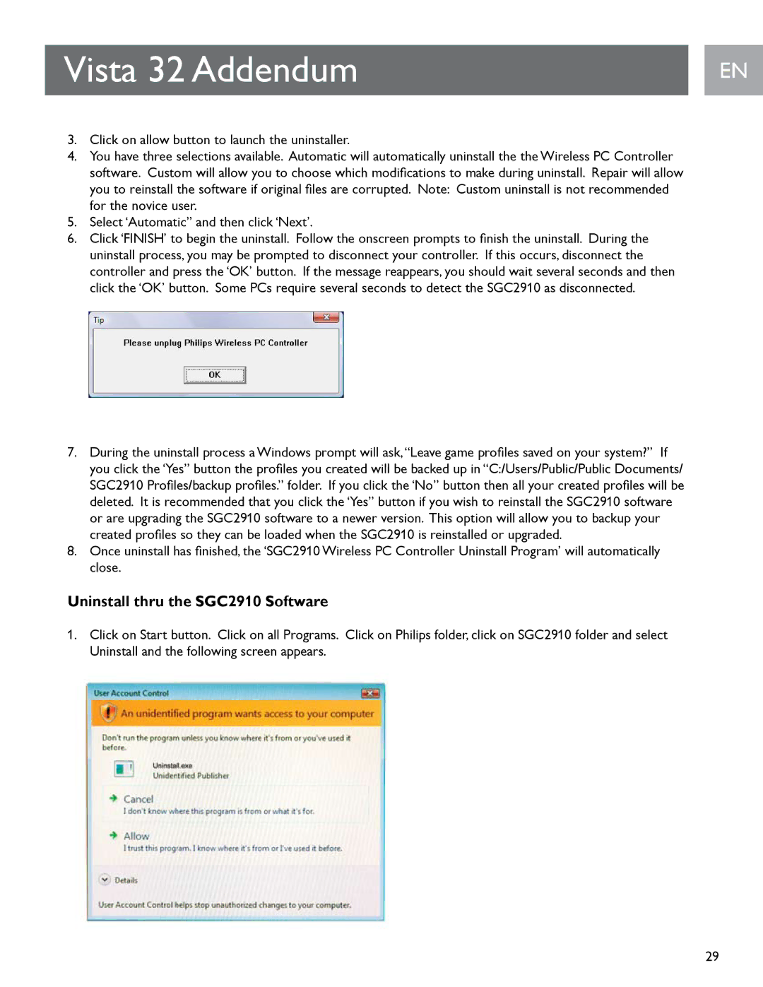 Philips user manual Uninstall thru the SGC2910 Software 