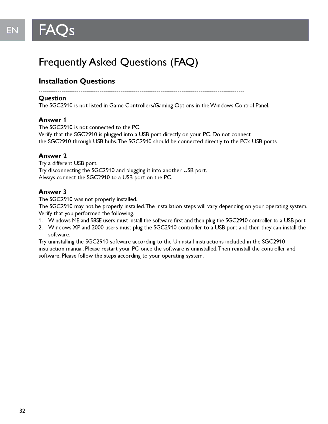 Philips SGC2910 user manual EN FAQs, Frequently Asked Questions FAQ, Installation Questions, Answer 