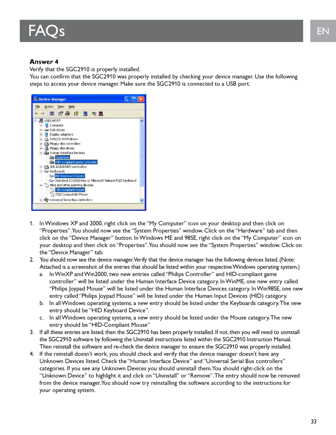 Philips user manual FAQs, Verify that the SGC2910 is properly installed 