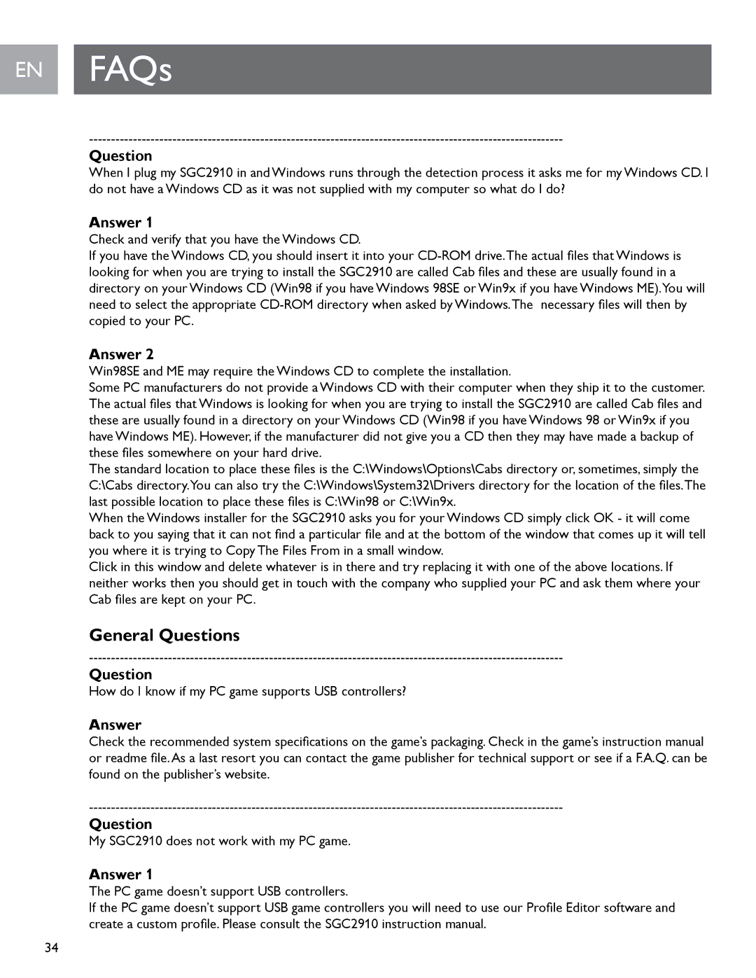 Philips SGC2910 user manual General Questions, Answer Question 