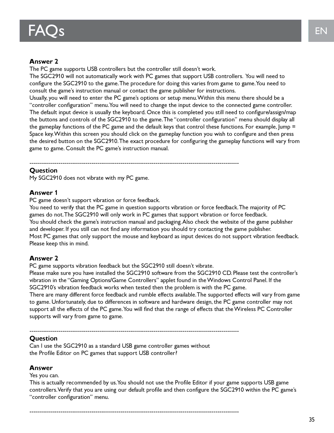 Philips user manual My SGC2910 does not vibrate with my PC game 