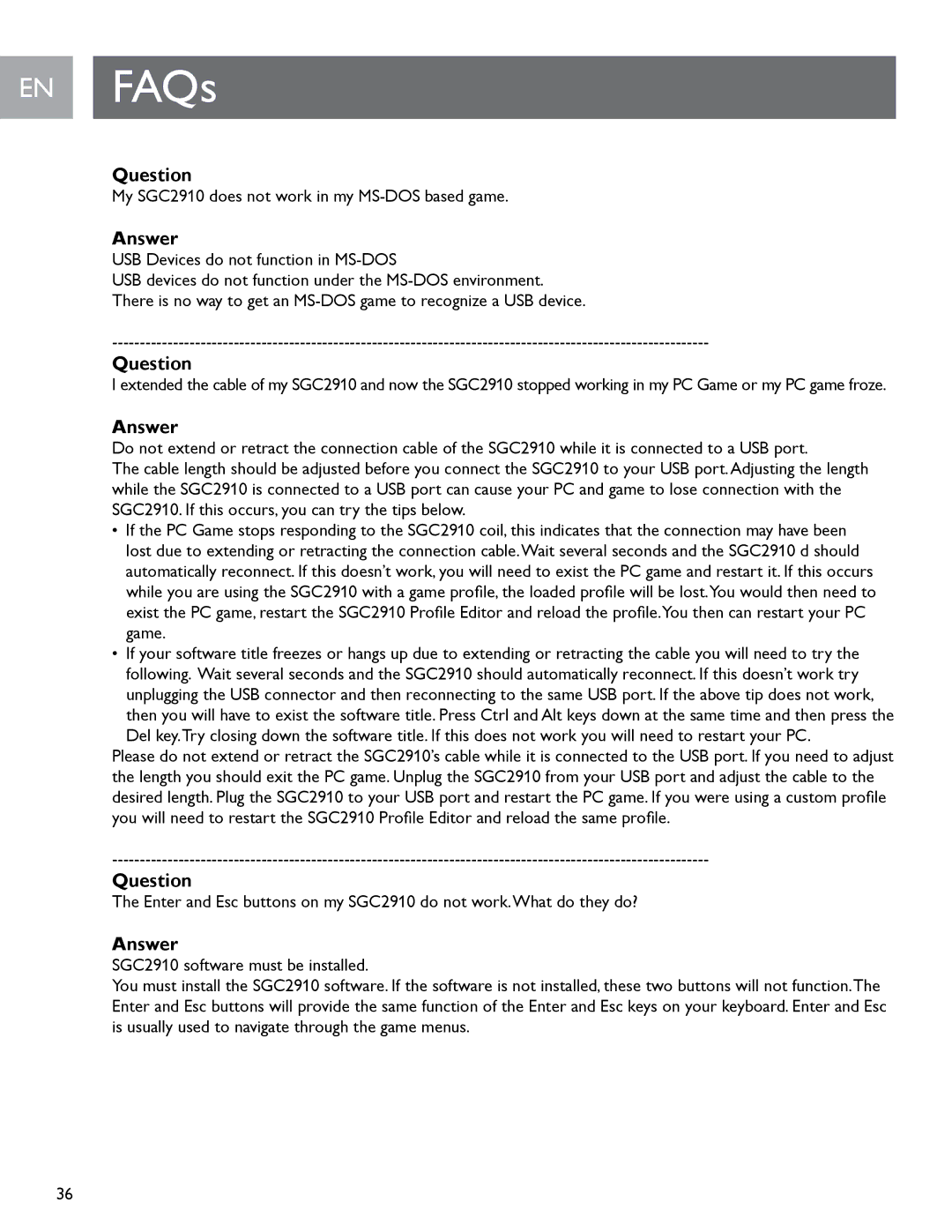 Philips user manual My SGC2910 does not work in my MS-DOS based game 