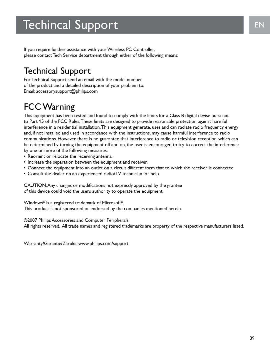 Philips SGC2910 user manual Techincal Support, Technical Support, FCC Warning 