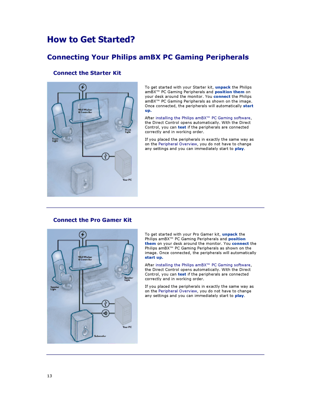 Philips SGC5101BD manual How to Get Started?, Connecting Your Philips amBX PC Gaming Peripherals, Connect the Starter Kit 