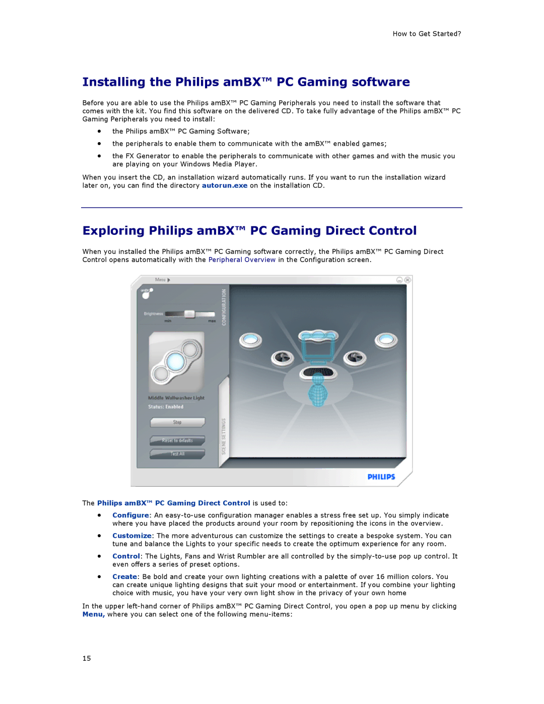 Philips SGC5101BD manual Installing the Philips amBX PC Gaming software, Exploring Philips amBX PC Gaming Direct Control 