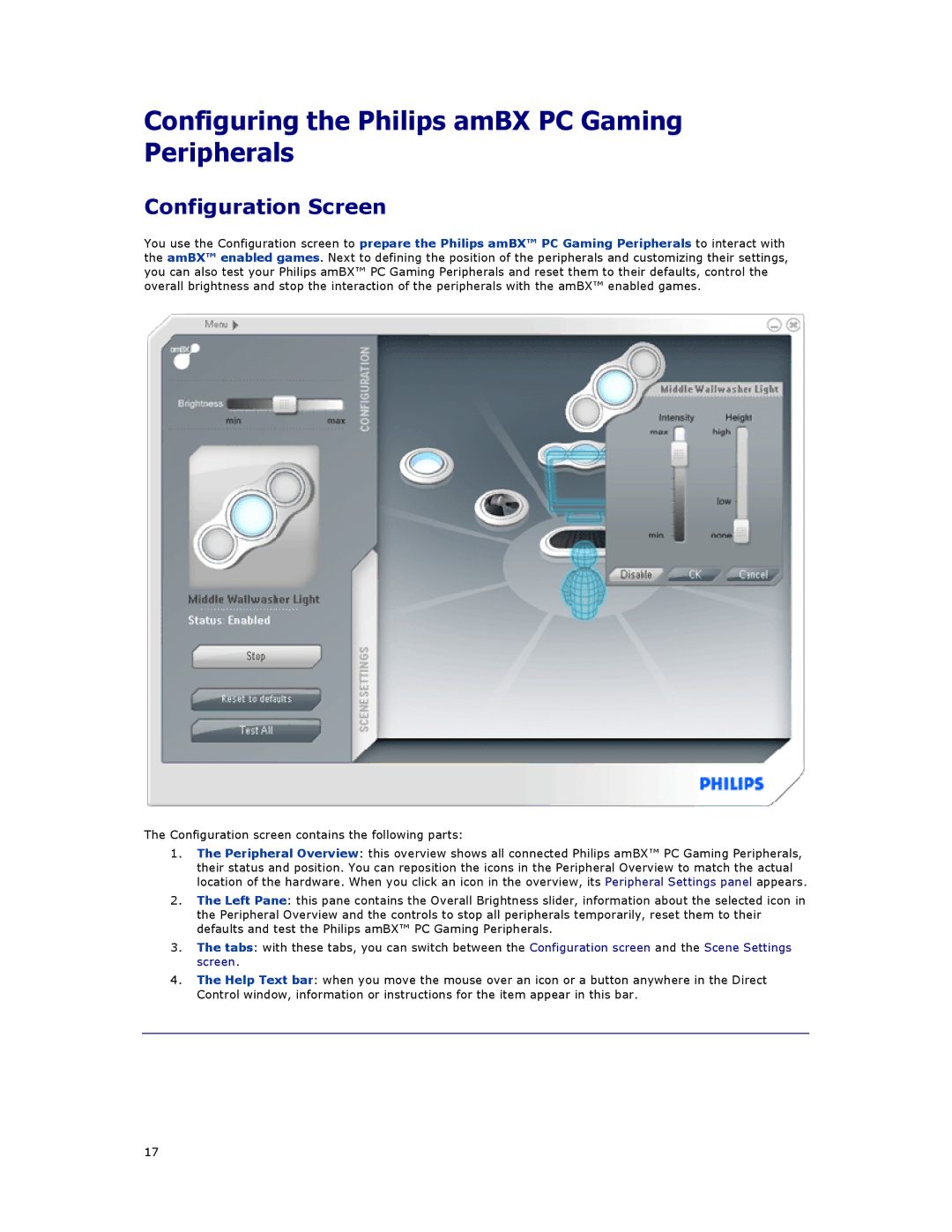 Philips SGC5101BD manual Configuring the Philips amBX PC Gaming Peripherals, Configuration Screen 