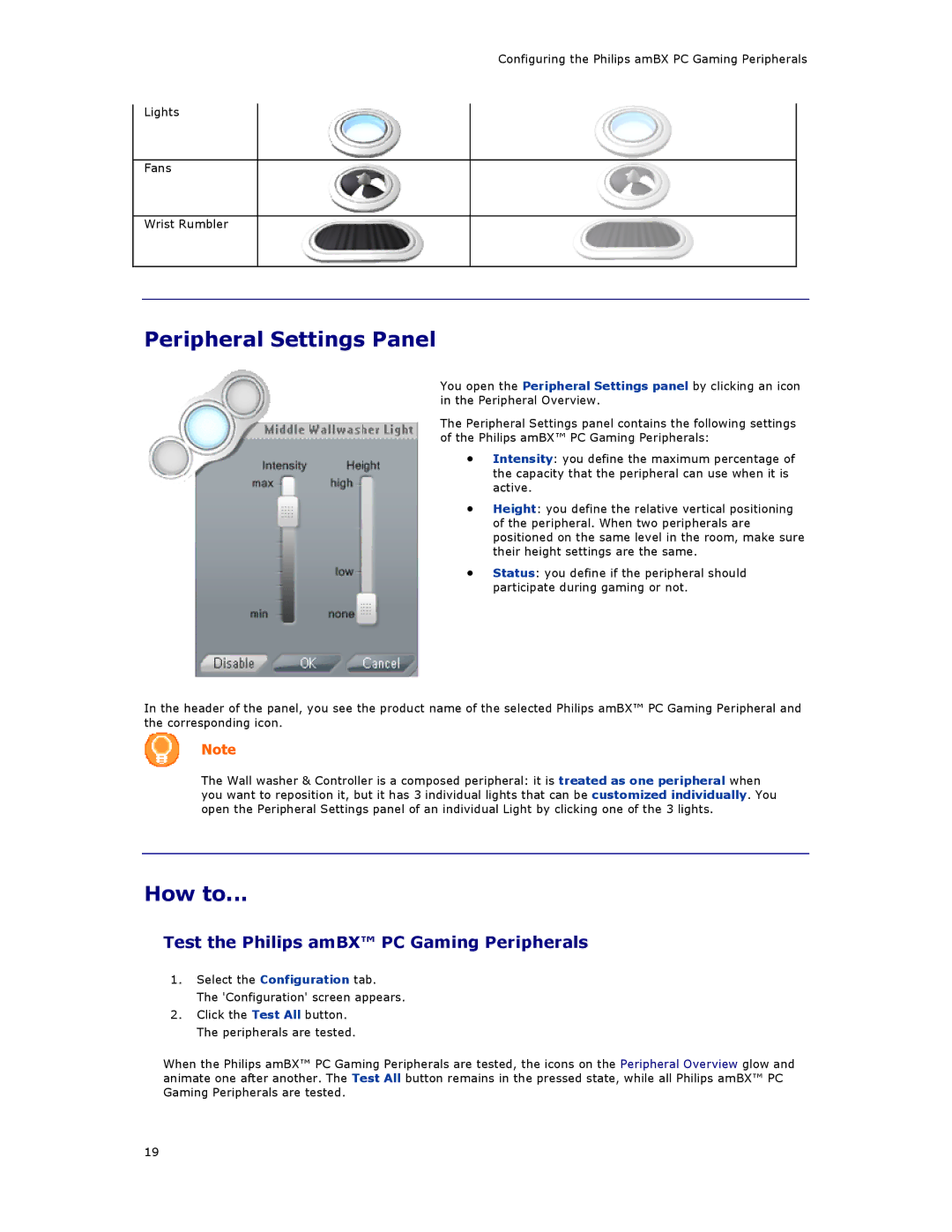 Philips SGC5101BD manual Peripheral Settings Panel, How to, Test the Philips amBX PC Gaming Peripherals 