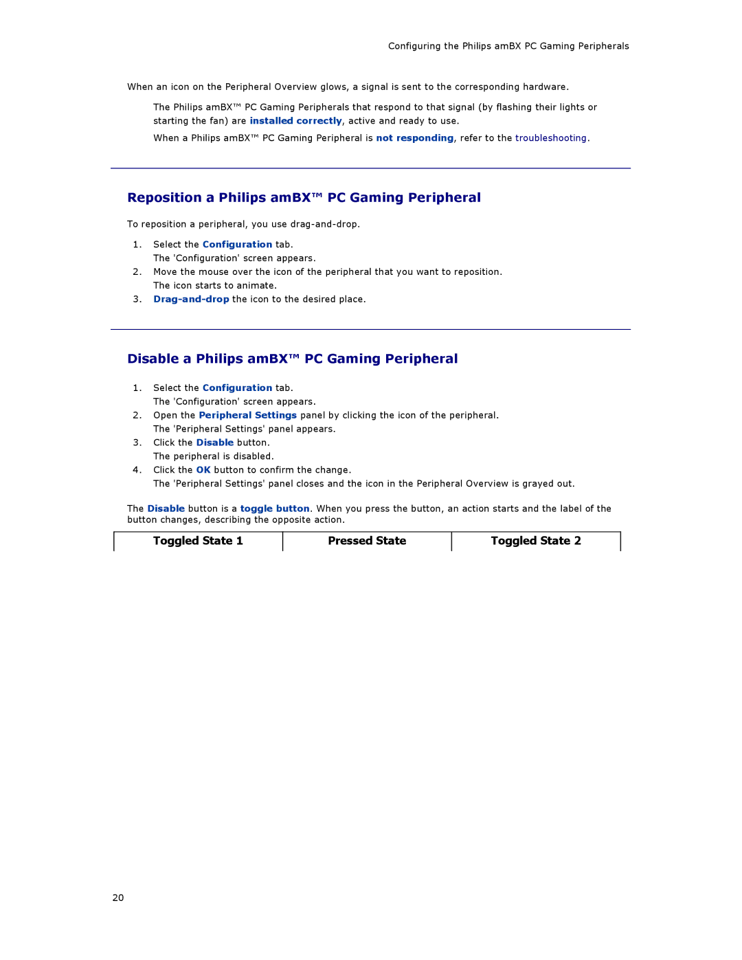 Philips SGC5101BD manual Reposition a Philips amBX PC Gaming Peripheral, Disable a Philips amBX PC Gaming Peripheral 