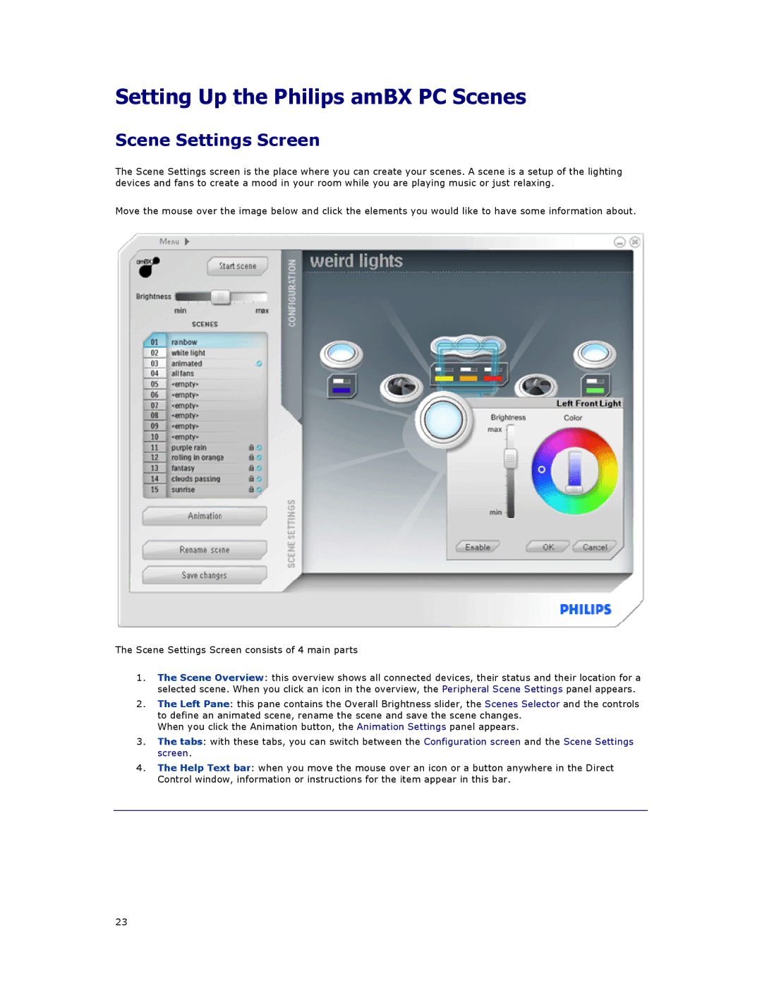 Philips SGC5101BD manual Setting Up the Philips amBX PC Scenes, Scene Settings Screen 