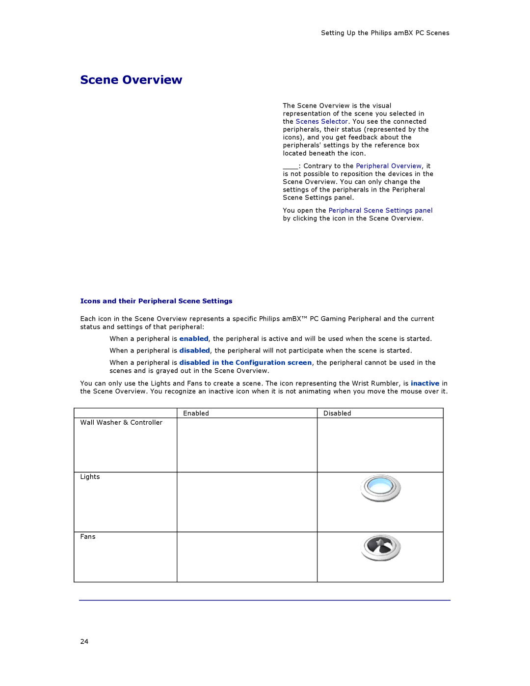 Philips SGC5101BD manual Scene Overview, Icons and their Peripheral Scene Settings 