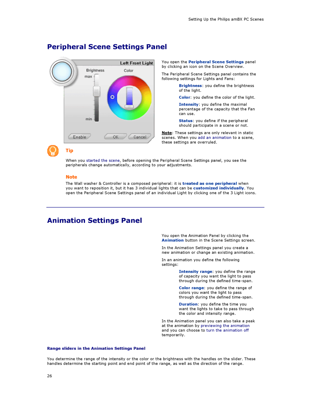 Philips SGC5101BD manual Peripheral Scene Settings Panel, Range sliders in the Animation Settings Panel 