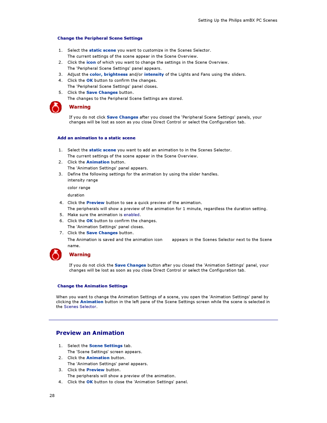 Philips SGC5101BD manual Preview an Animation, Change the Peripheral Scene Settings, Change the Animation Settings 