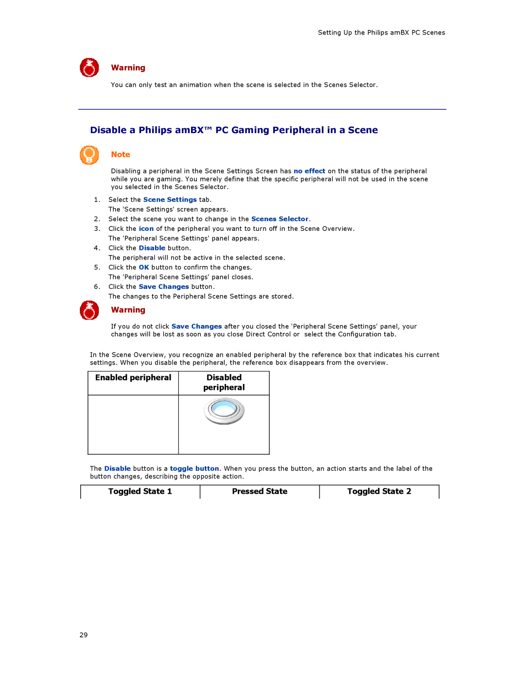 Philips SGC5101BD manual Disable a Philips amBX PC Gaming Peripheral in a Scene, Disable an Animation in a Scene 