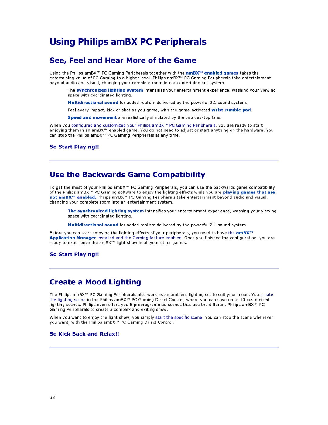Philips SGC5101BD manual Using Philips amBX PC Peripherals, See, Feel and Hear More of the Game, Create a Mood Lighting 
