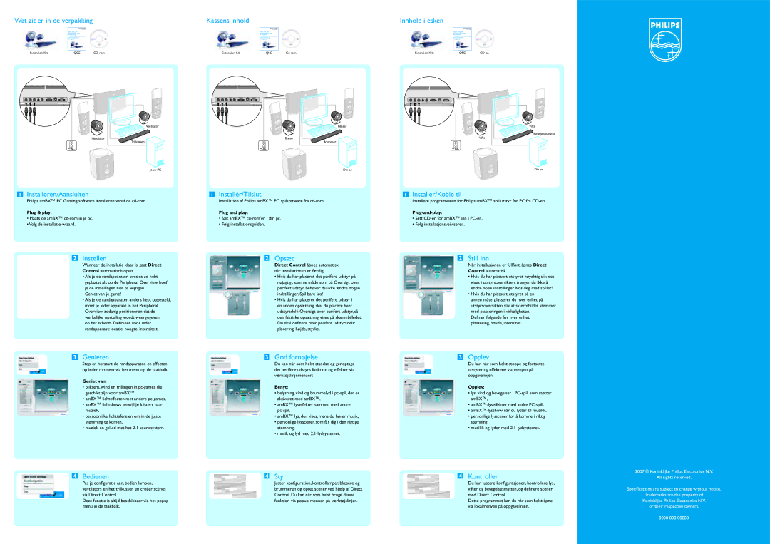 Philips SGC6101BD Wat zit er in de verpakking, Installeren/Aansluiten, Instellen, Kassens inhold, Installér/Tilslut, Opsæt 