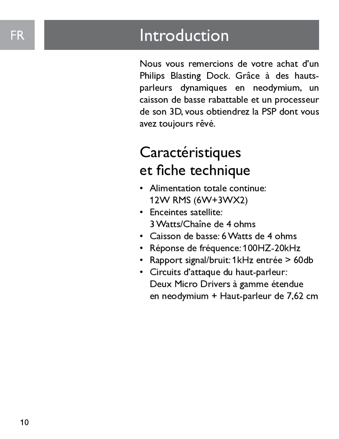 Philips SGP6031BB/27 user manual FRIntroduction, Caractéristiques et fiche technique 