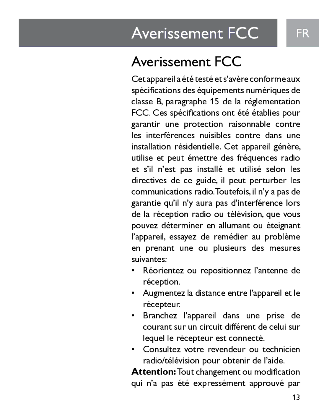 Philips SGP6031BB/27 user manual Averissement FCC 