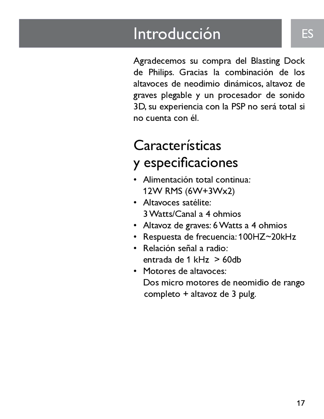 Philips SGP6031BB/27 user manual Introducción ES, Características Especificaciones 