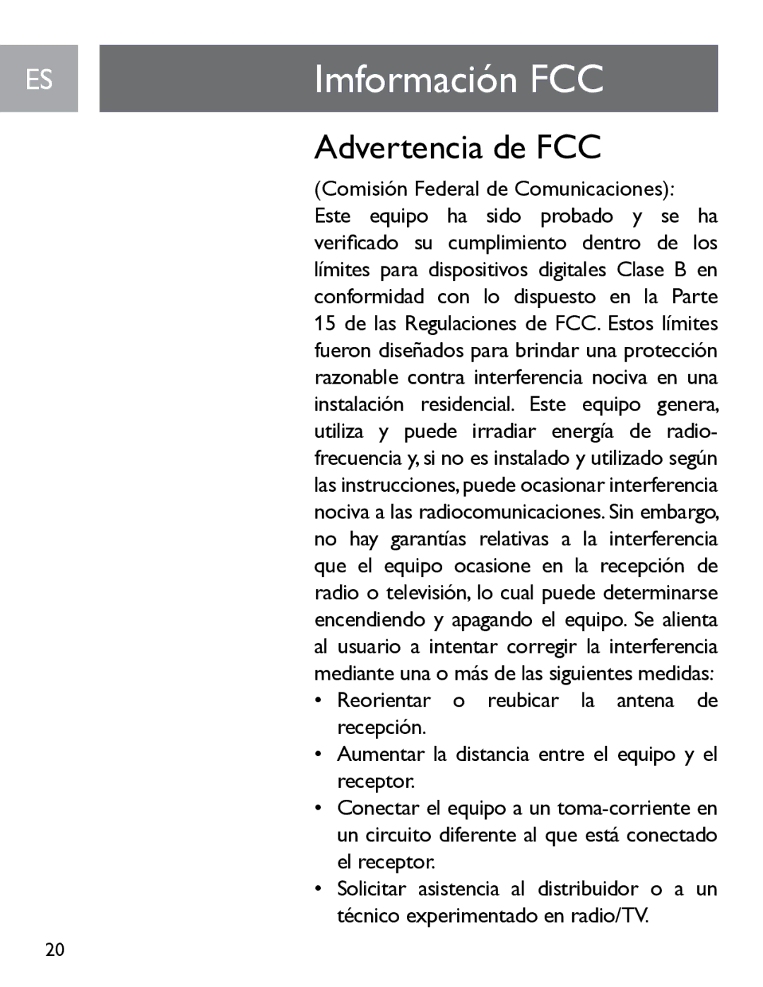 Philips SGP6031BB/27 user manual Imformación FCC, Advertencia de FCC 