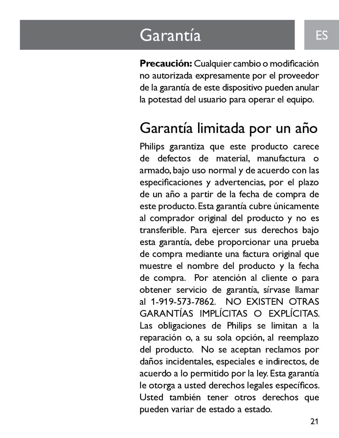 Philips SGP6031BB/27 user manual GarantíaES, Garantía limitada por un año 