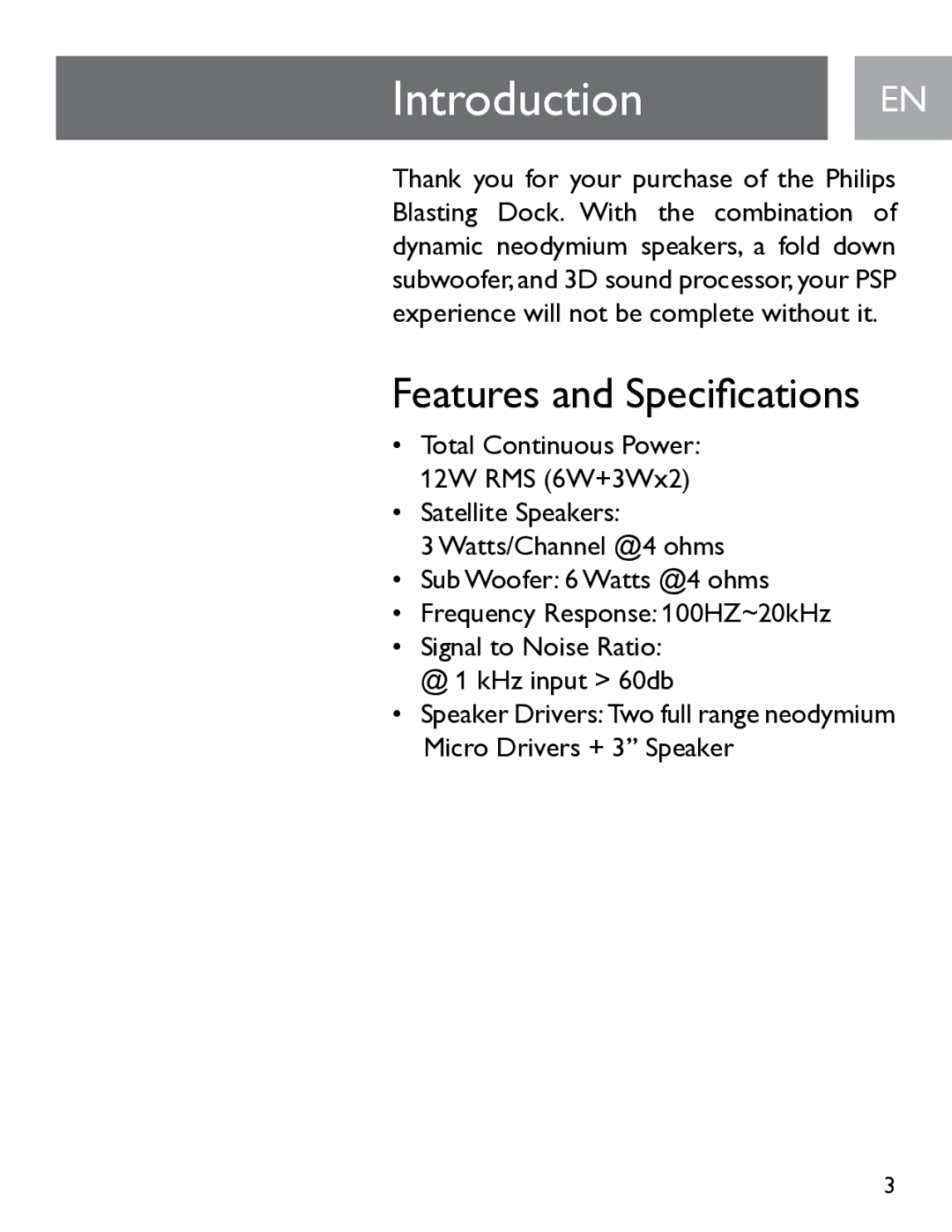 Philips SGP6031BB/27 user manual Introduction EN, Features and Specifications 