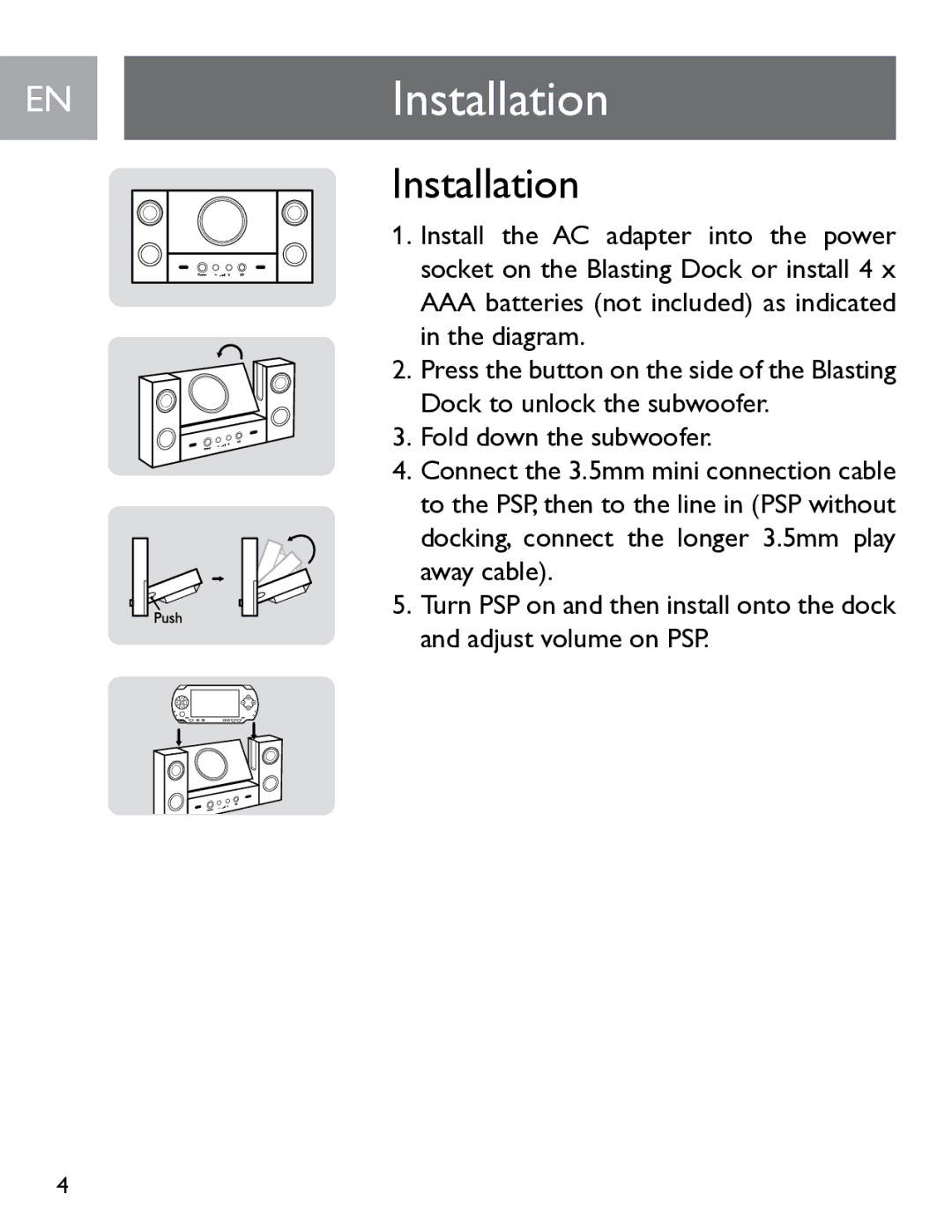 Philips SGP6031BB/27 user manual ENInstallation, AAA batteries not included as indicated in the diagram 