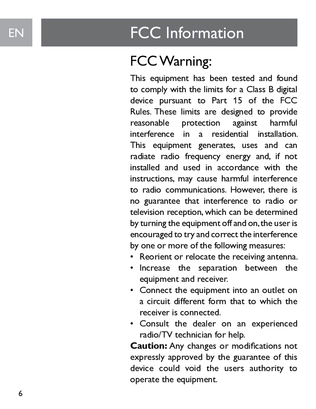 Philips SGP6031BB/27 FCC Information, FCC Warning, Device pursuant to Part 15 of the FCC, Reasonable Protection against 