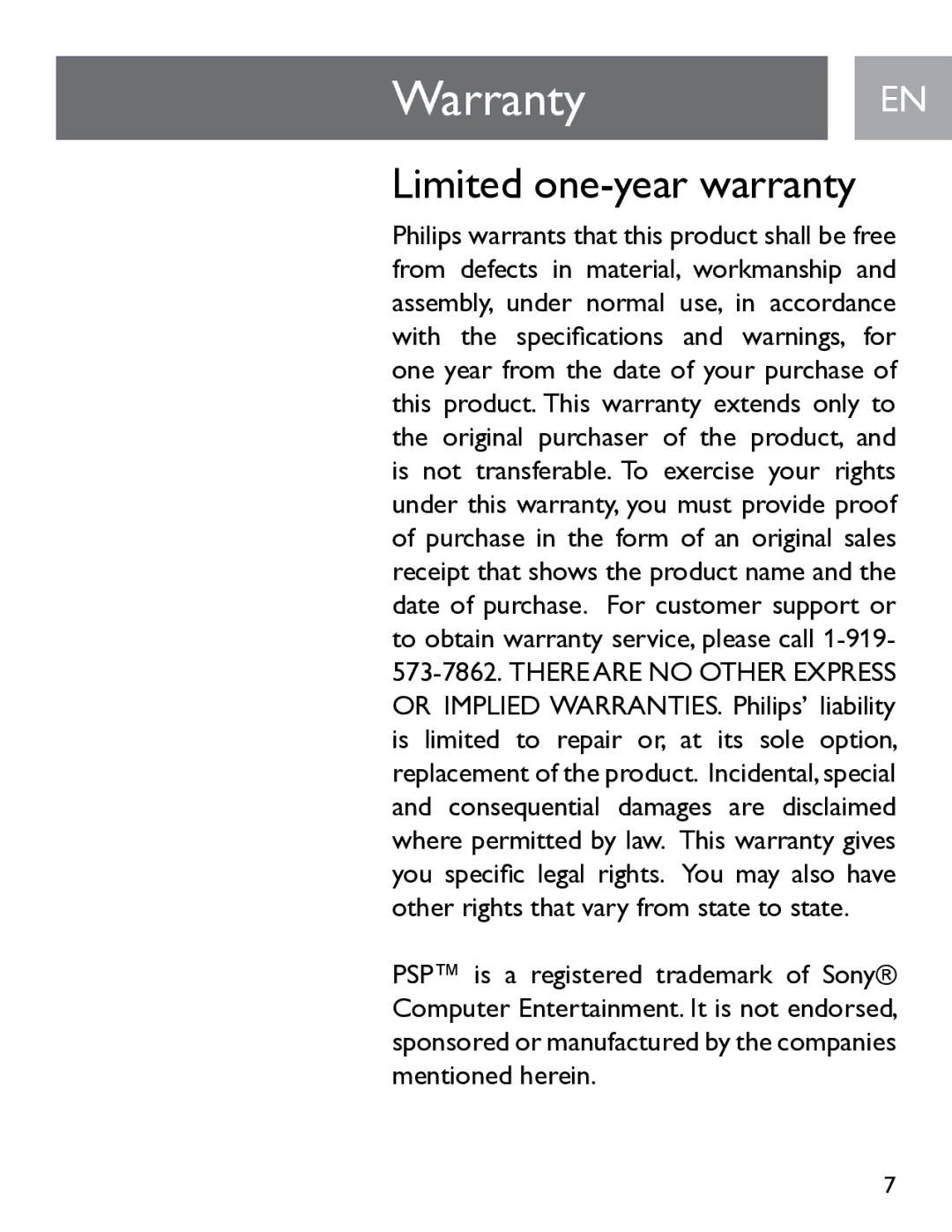 Philips SGP6031BB/27 user manual WarrantyEN, Limited one-year warranty 